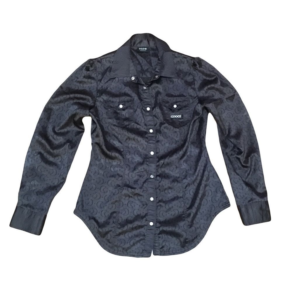 COOGI MEDIUM Black Logo Satin Long Sleeve Shirt Blouse Top Pockets & Snaps